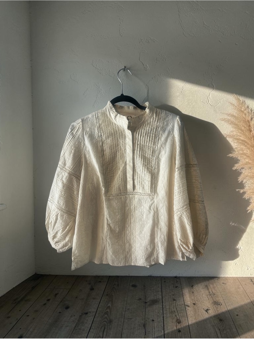 NWT FIGUE Emilia Top Ecru Cotton Pintuck Lace Embroidered Boho Blouse Med $365